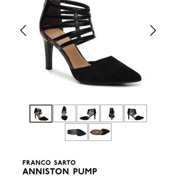 Franco Sarto Anniston Black Strappy Leather Suede Cage Stiletto Heels Size 9 - Picture 1 of 10